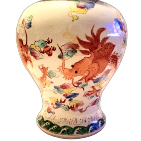 Vintage Hand Painted Dragon Themed Asian Large Ginger Jar with Lid 15 Inch - Picture 7 of 11
